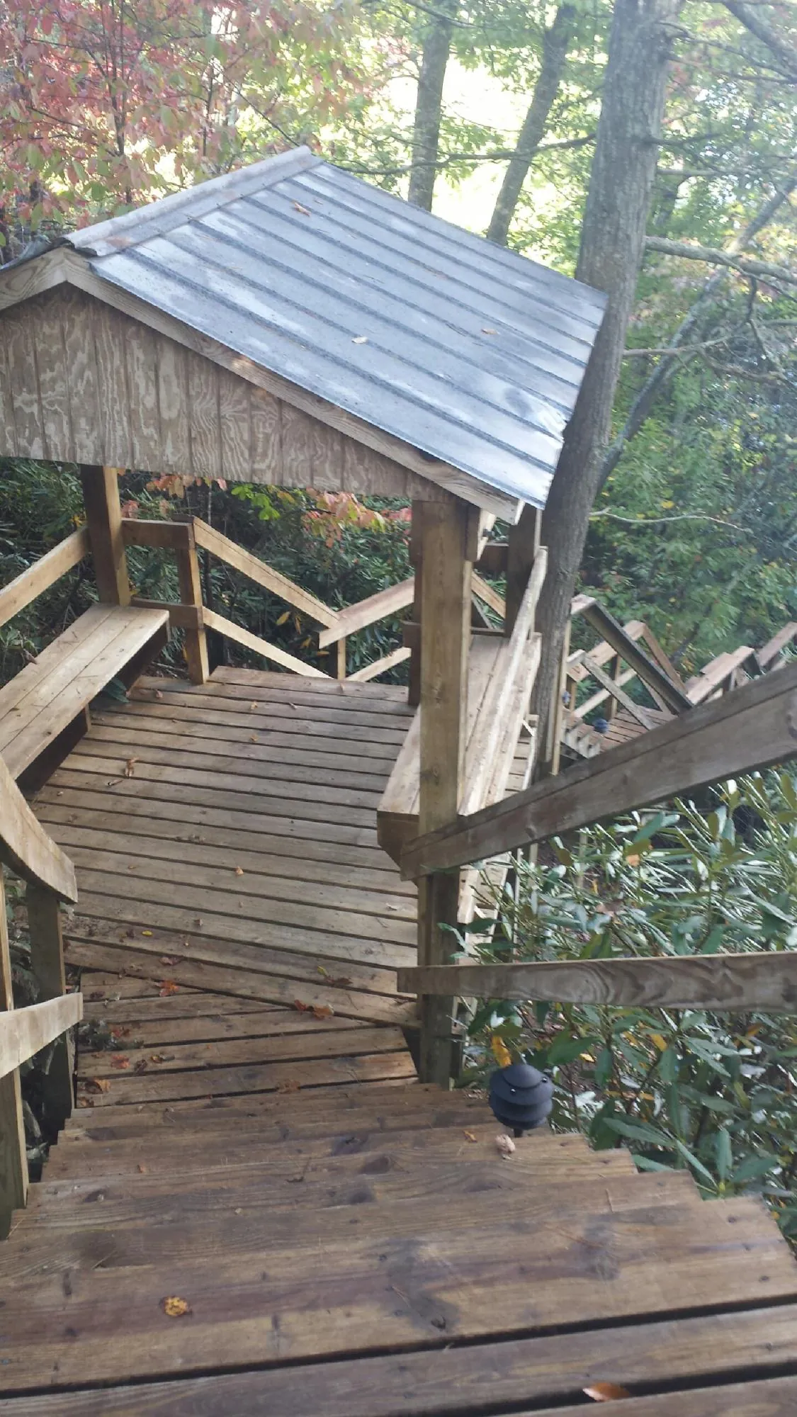 Metal roofed shelter over wooden steps on a wooded walkway — Skylight Repair & Installation work by our crew in Mc Cutchenville